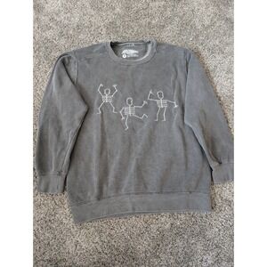 Olivelynn Dancing Skeleton Embroidered Sweatshirt Gray Washed Crewneck‎ Small